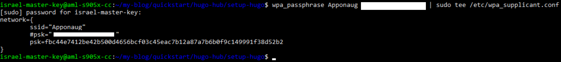 wpa_supplicant config, ESSID and Wi-Fi passphrase.
